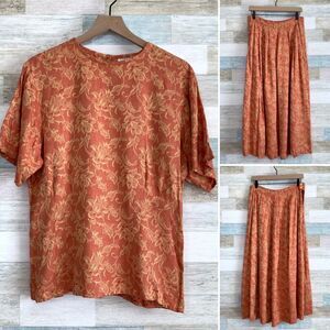 Calvin Klein Studio VTG Japanese Floral Jacquard Skirt Set Orange Womens 10 12